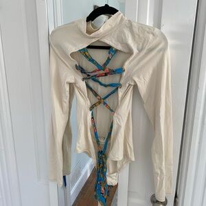 Free People Cream Green Long Sleeve Cut Out bodysuit